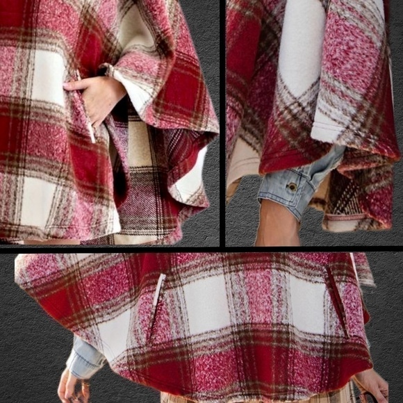 Easel Ultra Lux Cozy Red Plaid Wool Blend Poncho Cape Zippered Neck NWT - Picture 6 of 15